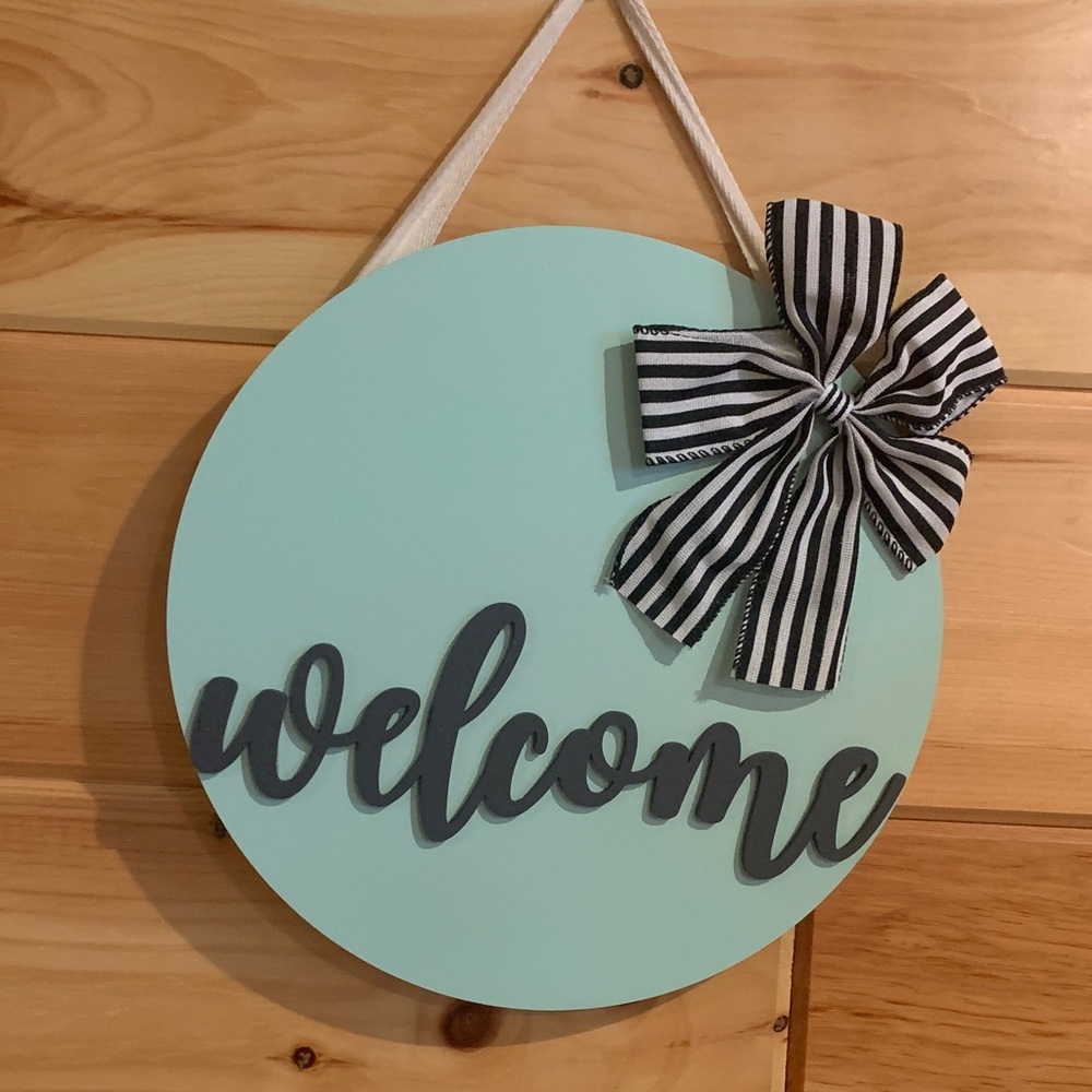Mint Welcome Sign with Striped Bow
